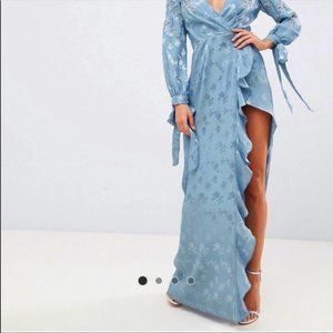 ASOS blue long sleeve leg slit maxi dress party cocktail NYE